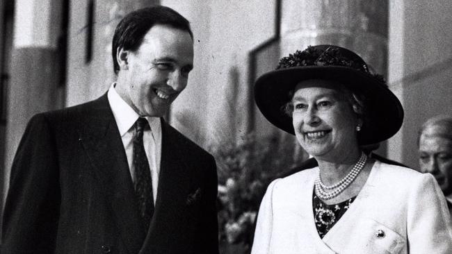 Prime Minister Paul Keating shares a joke with Queen Elizabeth II shortly after her arrival at Parliament House in Canberra in 1992. Picture: Supplied