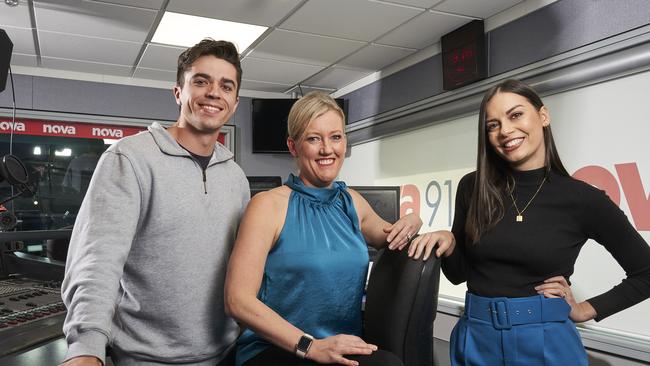 Nova;s weekend brekky team Max Burford, Jodie Oddy, and Tiff Warne. Picture: Matt Loxton