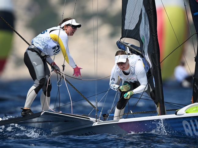 MARSEILLE, FRANCE - JULY 28: Olivia Price and Evie Haseldine of Team Australia compete in the Women's Skiff class on day two of the Olympic Games Paris 2024 at Marseille Marina on July 28, 2024 in Marseille, France. (Photo by Clive Mason/Getty Images)