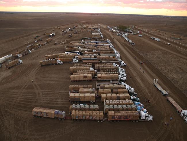 The 2016 Burrumbuttock Hay Runners convoy saw 250 prime movers and 400 trailers complete their 1860km run, hauling $6 million worth of hay to Ilfracombe, east of Longreach. Picture: Lyndon Mechielsen