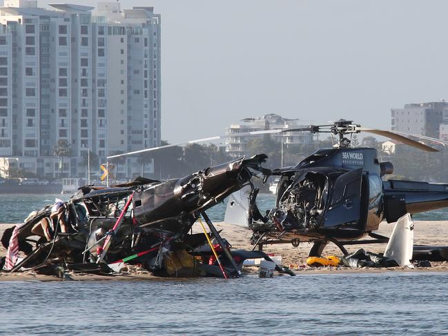 The crashed helicopters on a sandbank in the Southport Broadwater