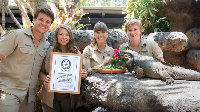 Rhino is presented his record by Chandler Powell and Bindi, Terri and Robert Irwin.