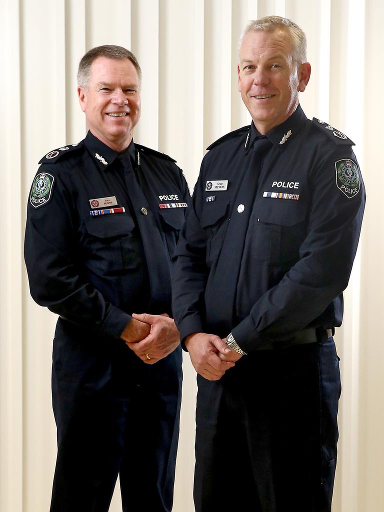 Former South Australian police commissioner Gary Burns with then-deputy Grant Stevens. Picture: Mike Burton