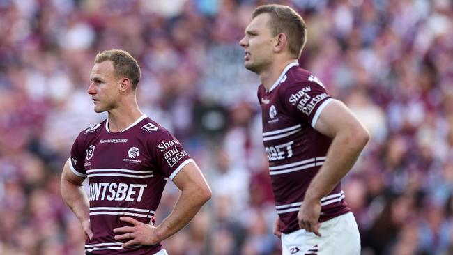 SYDNEY, AUSTRALIA - SEPTEMBER 15: DalyÃÂ Cherry-Evans of the Sea Eagles and Tom Trbojevic of the Sea Eagles react during the NRL Qualifying Final match between Canterbury Bulldogs and Manly Sea Eagles at Accor Stadium on September 15, 2024 in Sydney, Australia. (Photo by Cameron Spencer/Getty Images)