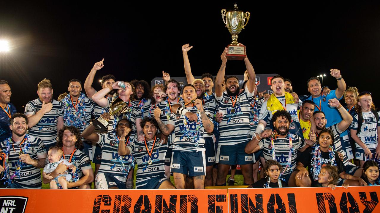 The Darwin Brothers celebrate their 2024 NRL NT grand final win against the Northern Sharks. Picture: Pema Tamang Pakhrin