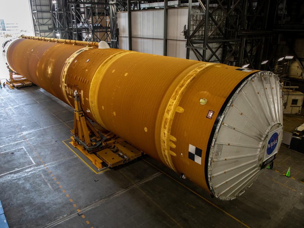 The Artemis I Core Stage is transported to its new home in the vehicle assembly building. Picture: NASA