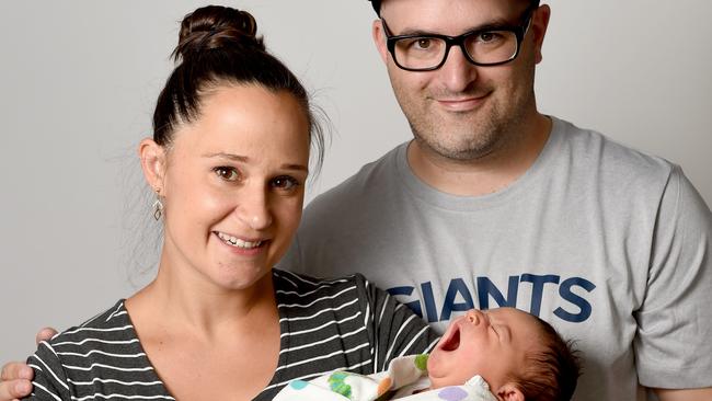 Baby Alex Duncan, with Mum Kasia and her husband Chris, was born on Sunday, 02/02/2020, the last palindromic date this century. Picture: Naomi Jellicoe