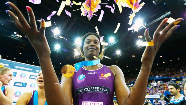 Firebirds Romelda Aiken celebrates after the Queensland Firebirds won the ANZ Championship.