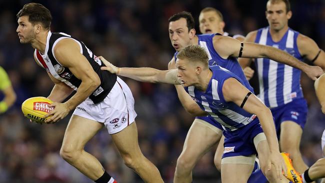 St Kilda’s Koby Stevens clears out of the middle. Picture: Michael Klein