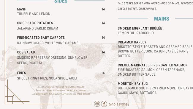 The notice of a 10 per cent gratuity fee can be found in the menu's fine print. Source: NOLA Smokehouse &amp; Bar