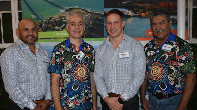 North Queensland Cowboys legend Matthew Bowen, North Queensland Bulk Ports CEO Nicolas Fertin, Cowboys hooker Reuben Cotter, and Juru Enterprises CEO Ricky Dallachy at the Reconciliation in Action event at Grand View Hotel, Bowen. Picture: Kirra Grimes.