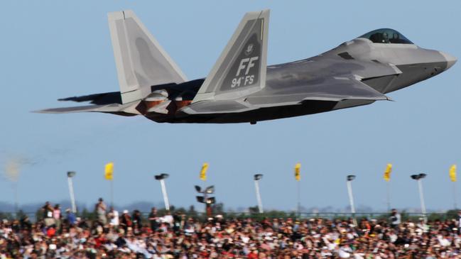 An American F22 Raptor fighter plane in action during the 2013 Australia Air Show at Avalon.