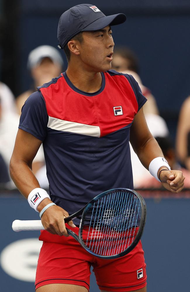 Rinky Hijikata reacts after a point during his first-up victory at the US Open. Picture: Sarah Stier/Getty Images/AFP