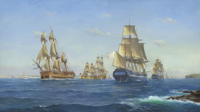 Artist Ian Hansen’s “Botany Bay – 26 January 1788” of two French ships of Laperouse entering Botany Bay at the same time as Britain’s First Fleet leaves for Sydney Cove.