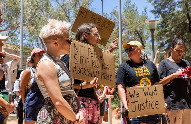 Alice Springs residents held a protest outside the town's police station after the fatal shooting of 19-year-old Kumunjayi Walker in Yuendumu on Sunday. Picture: Emma Murray