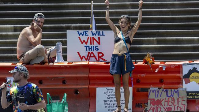 Protesters demonstrating outside Parliament House as MPs debated the pandemic Bill. Picture: Wayne Taylor