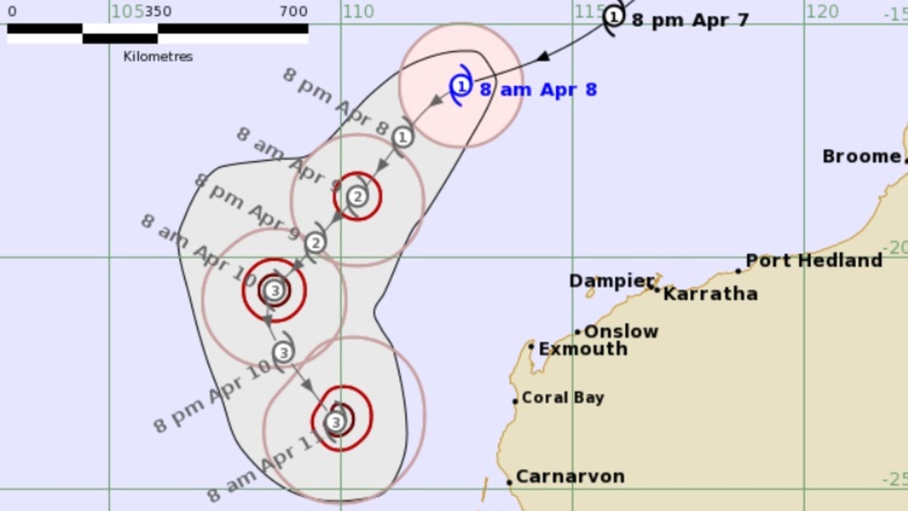 Tropical Cyclone Seroja is expected to bring a brief but intense period of dangerous weather to the West Australian coast late on Sunday or on Monday, most likely between Jurien Bay and Carnarvon. Picture: Bureau of Meteorology