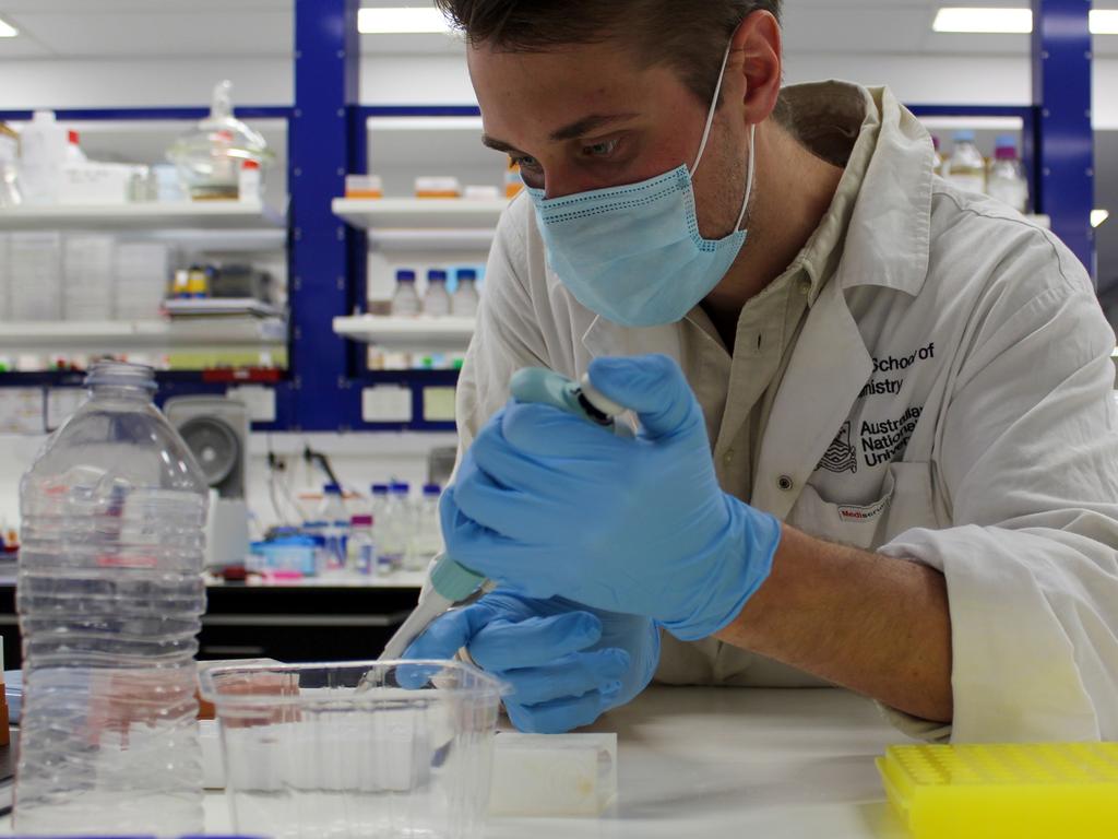 Researcher Matthew Spence testing the activity of the plastic degrading enzymes in the Samsara laboratory at the Research School of Chemistry, the Australian National University. Picture: Supplied/ANU