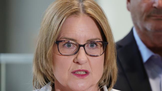 Premier Jacinta Allan holds a press conference at the new Parkville train station. Thursday, April 10. 2025. Picture: David Crosling