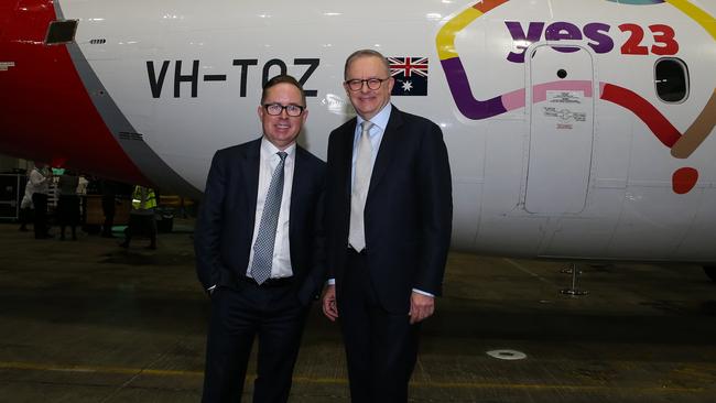 SYDNEY, AUSTRALIA  - AUGUST 14 2023: Prime Minister, Anthony Albanese and Qantas CEO Alan Joyce attend the launch of the Qantas 'Yes' Campaign at Qantas Hangar 96 in Sydney, where The Prime Minister will deliver a speech. Picture: NCA Newswire / Gaye Gerard