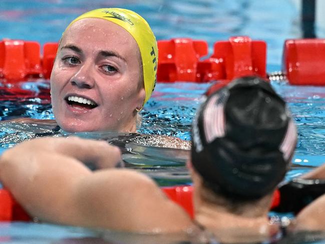 Australia's Ariarne Titmus celebrates after winning the final of the women's 400m freestyle swimming event at the Paris 2024 Olympic Games at the Paris La Defense Arena in Nanterre, west of Paris, on July 27, 2024. (Photo by Manan VATSYAYANA / AFP)