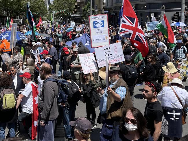 Melbourne protesters  gather in opposition to Andrews Government’s pandemic Bill at State Parliament. Picture: Alex Coppel