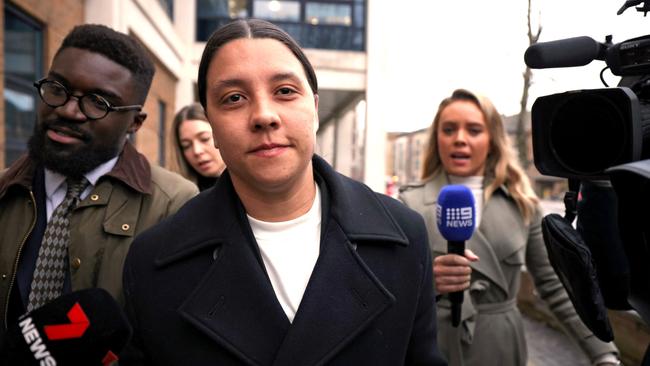 KINGSTON UPON THAMES, ENGLAND - JANUARY 14: Australian football star Sam Kerr departs Kingston Crown Court after a pre-trial hearing on January 14, 2025 in Kingston upon Thames, England. The Matildas star, who also plays professionally for Chelsea in the Women's Super League, is facing charges of "racially aggravated harassment" of a police officer related to an incident in Twickenham on January 30, 2023. The long delayed trial is scheduled to start next month. (Photo by Dan Kitwood/Getty Images)