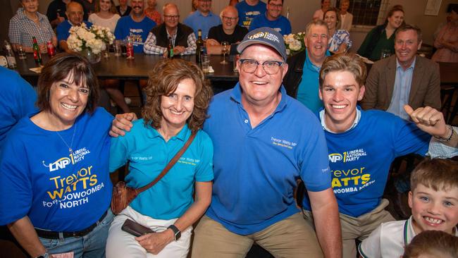 QLDVOTES24 (from left) Lisa Hughes, Sue Watts, Trevor Watts and Jeremy Bazley celebrate the 2024 State Election at Royal Hotel in Toowoomba. Saturday, October 26, 2024. Picture: Nev Madsen.