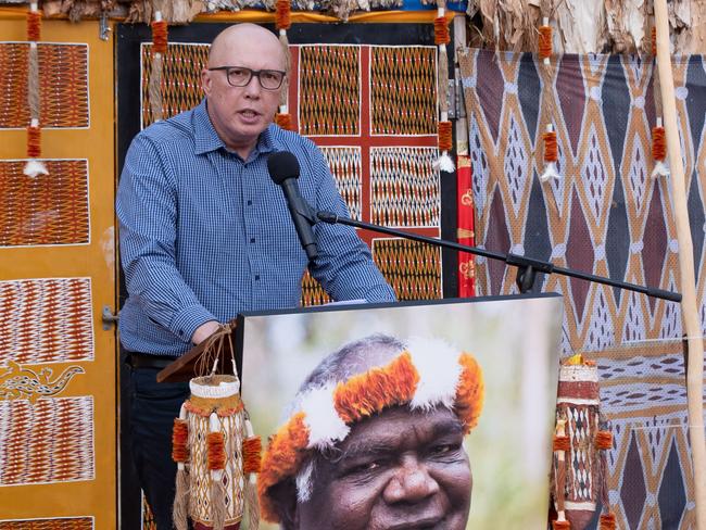 Opposition Leader Peter Dutton.   Renowned Aboriginal leader Yunupingu has been remembered at a special memorial service on the remote island home he loved.  Friends and family of the 74-year-old Aboriginal leader, who died in early April,  gathered at the East Arnhem Land island community of Gunyangara on Thursday to pay their respects. Picture: Peter Eve / Yothu Yindi Foundation.