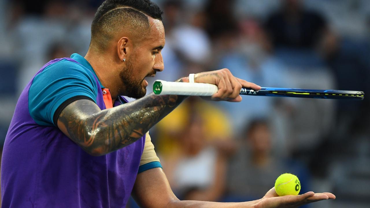 Nick Kyrgios had a running battle with the umpire over let calls. Picture: AFP