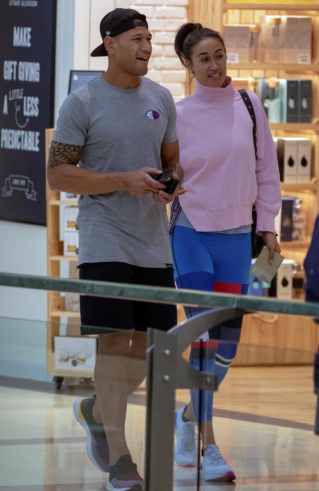 Israel and Maria Folau pictured in Adelaide days after Israel knocked back the chance to appeal his sacking by Rugby Australia. Picture: Diimex