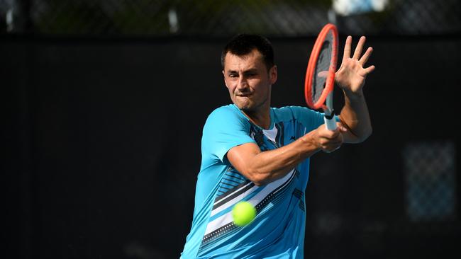 Bernard Tomic is unbeaten in a round robin event being held in Brisbane this week and will play in the final on Saturday. Picture: NCA NewsWire / Dan Peled