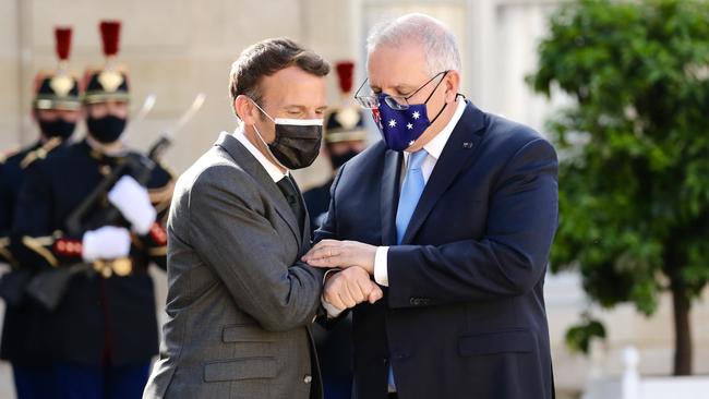 Scott Morrison with Emmanuel Macron in June. Picture: Adam Taylor/PMO