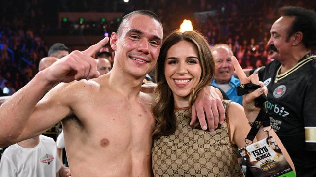 Boxer Tim Tszyu with partner Alexandra Constantine after he defeated Brian Mendoza on the Gold Coast. Photo - No Limit Boxing