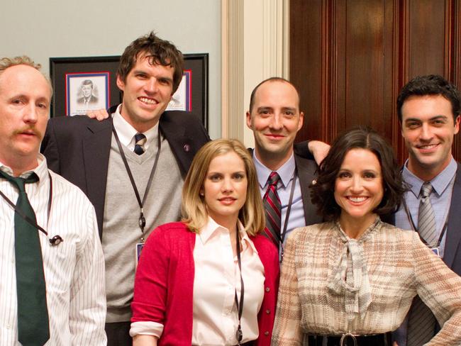 Matt Walsh, left, and Tony Hale, centre, were nominated in the same category for Veep.  Anna Chlumsky, centre, and Julia Louis-Dreyfus, were also nominated.  They are pictured with Timothy Simons, second from left and Reid Scott, right.