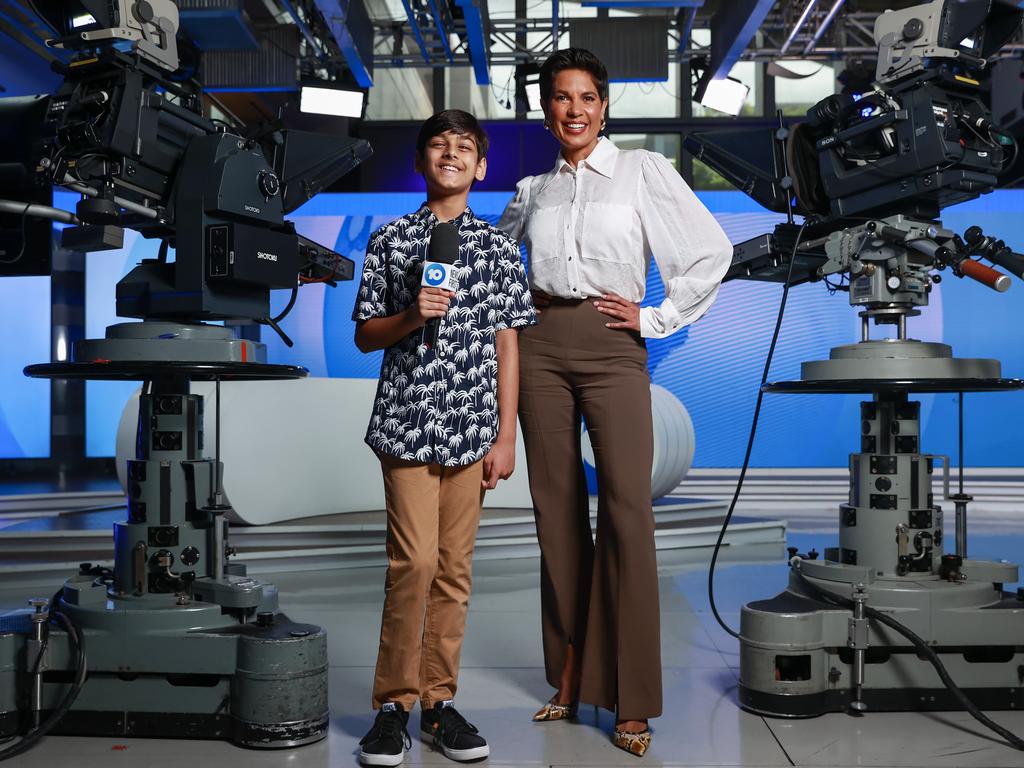 Daily Telegraph. 30, January, 2023.
Junior journo Aditya Paul with Studio 10 presenter Narelda Jacobs, at Network 10, in Pyrmont, today.
Kids News is launching the search for Australia's best young newshound with the launch of our Junior Journalist competition. 


Picture: Justin Lloyd.