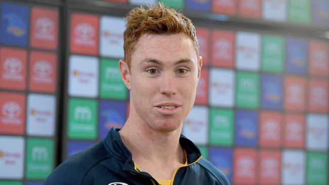 Newly re-signed Crow Tom Lynch' fronts the media at West Lakes on Monday. Photo Naomi Jellicoe