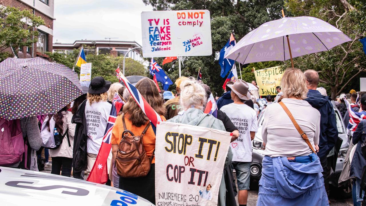 Protesters are seen at World Wide Rally protest at Kirribilli House. Picture: NCA NewsWire / Flavio Brancaleone