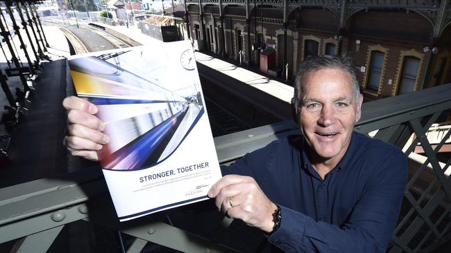 Acting mayor Peter Murrihy at Geelong train station with the council's report into a fast train service. Picture: Alan Barber