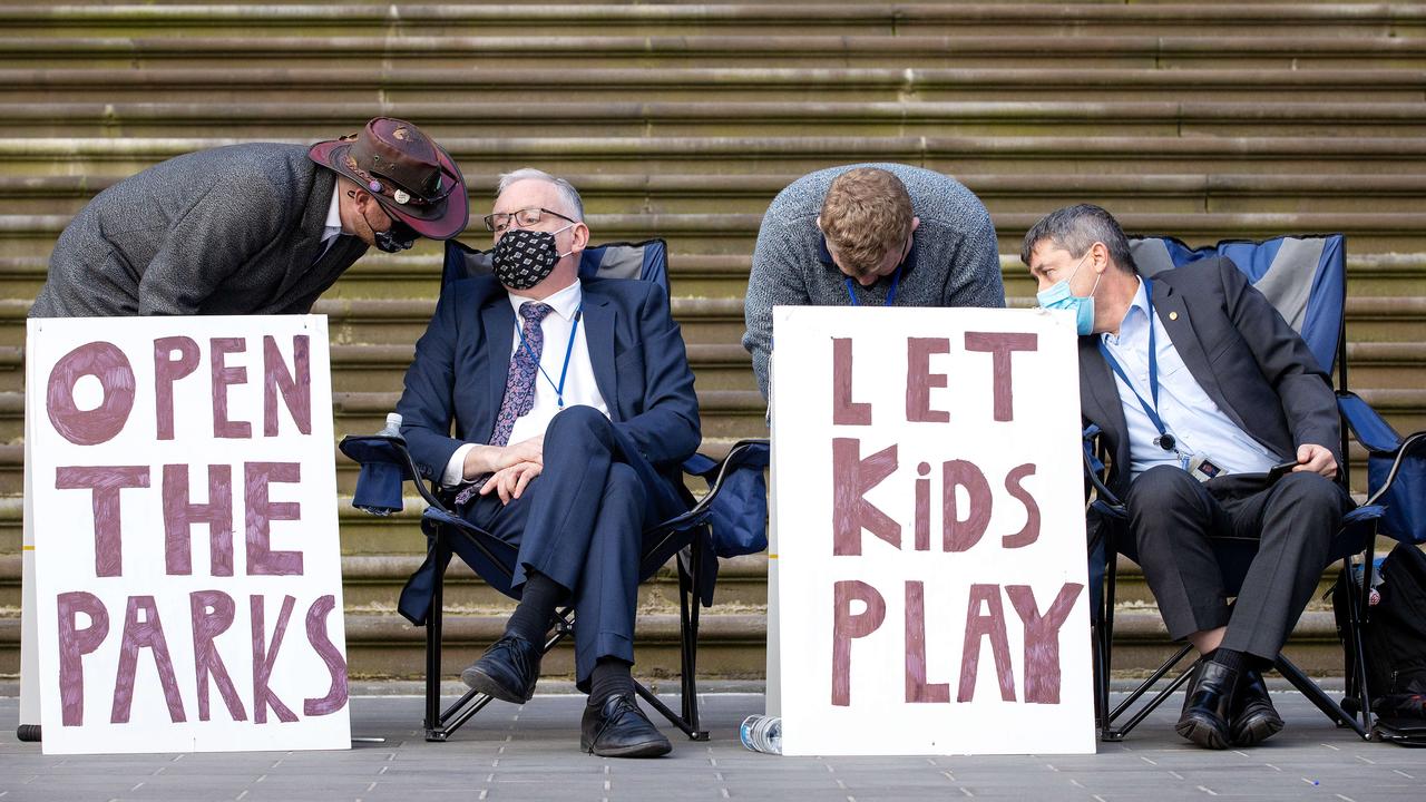 Liberal Democrats David Limbrick (left) with Tim Quilty protesting the closure of parks. Picture: Mark Stewart