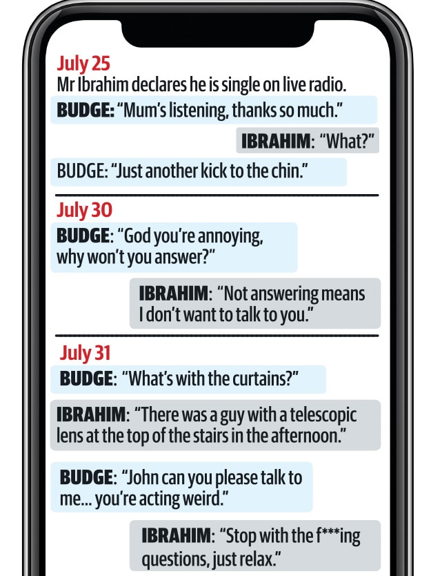 Text messages sent between Sarah Budge and John Ibrahim.