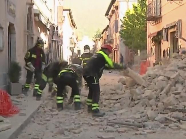 Rescuers are scrambling to assist the wounded after a powerful 6.6 magnitude earthquake struck central Italy. Picture: Sky Italia via AP