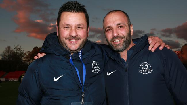 Coach George Tsonis and president Stavros Parissos after Adelaide Olympic downed Adelaide City to secure the club’s first major silverware. Picture: AAP/Emma Brasier