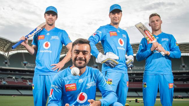 The Sussex and Strikers quartet who play for Strikers and Sussex Travis Head, Rashid Khan, Alex Carey and Phil Salt get ready for the Big Bash semi final. Picture: Brad Fleet