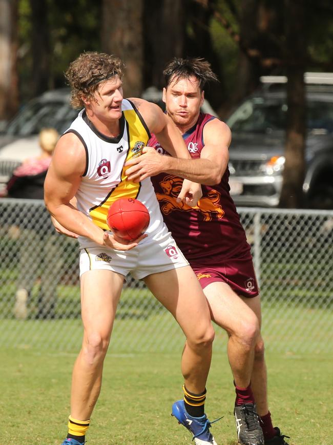 Jake Goldsmith (left) pictured playing against Palm Beach Currumbin in 2018. Picture: Mike Batterham