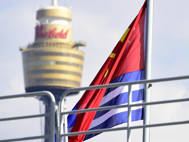 The flag of the armed forces of the People's Republic of China on a naval ship in Sydney. Picture: AAP