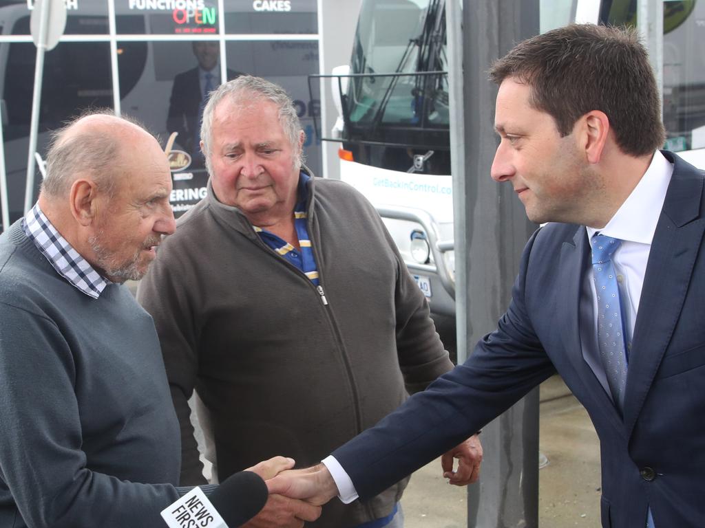 Opposition Leader Matthew Guy talks to locals in Pakenham, Melbourne on the campaign’s last day. Picture: David Crosling.