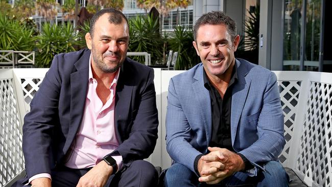 New Lebanon rugby league coach Michael Cheika (L) and former Lebanon coach Brad Fittler (R) hold a coaching seminar in Pyrmont as part of a fundraiser for Lebanon Rugby League. Picture: Toby Zerna