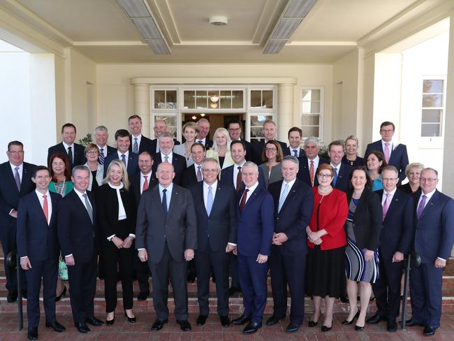 The New Morrison Ministry group photo after the swearing in ceremony with the Governor-General, General Sir Peter Cosgrove at Government House, Canberra. Picture: Kym Smith