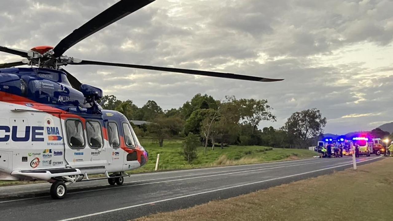 BMA CQ Rescue was tasked to Proserpine after a horror crash on the Bruce Highway at Myrtlevale. The AW139 landed on the highway and has transported man in his 60s for further treatment at Mackay Base Hospital. Picture: BMA CQ Rescue